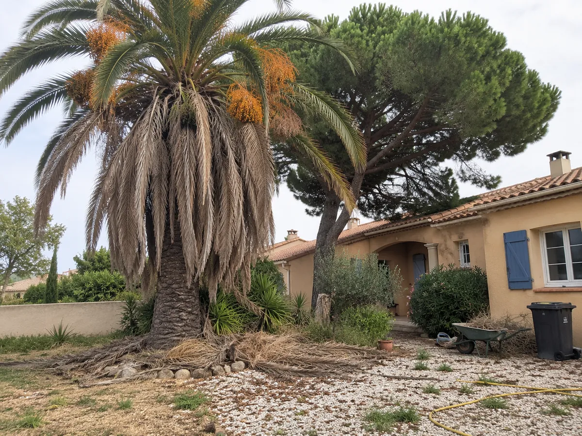 Avant : palmier couvert de palmes sèches et pin parasol touffu au-dessus d'une villa